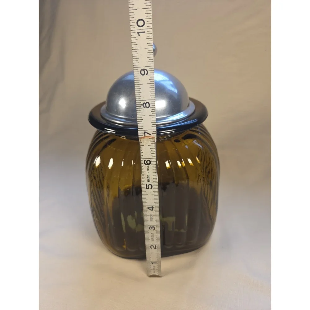 VINTAGE APOTHECARY ARTLAND AMBER RIBBED GLASS CANISTERS PEWTER with LIDS